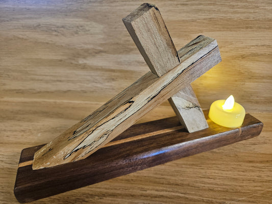 Beautiful Spalted Maple cross candle holder with Walnut base with Oak inlay.